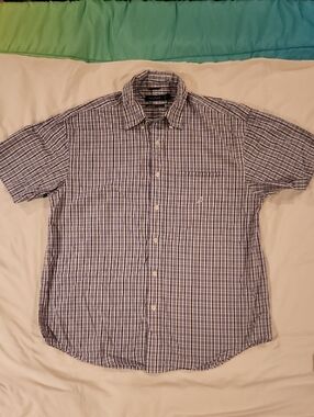 Vintage Nautica Blue & White Short-Sleeve Button-Down Shirt. Size Large